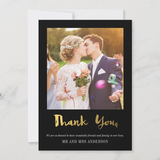 Elegant Gold Confetti Photo Thank You Card Black (Front)