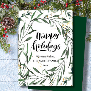 Elegant Gold Confetti Pine Foliage Modern Script  Holiday Card