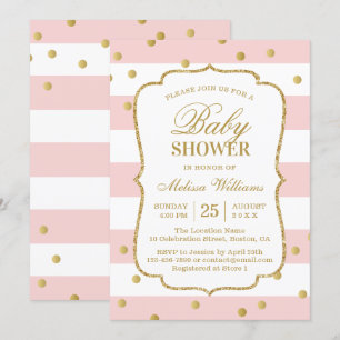 Elegant Gold Confetti Pink Stripes Baby Shower Invitation