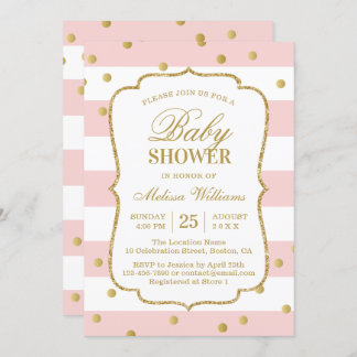 Elegant Gold Confetti Pink Stripes Baby Shower Invitation