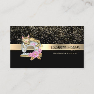Elegant Gold Confetti,Sewing Machine Cat Business Card