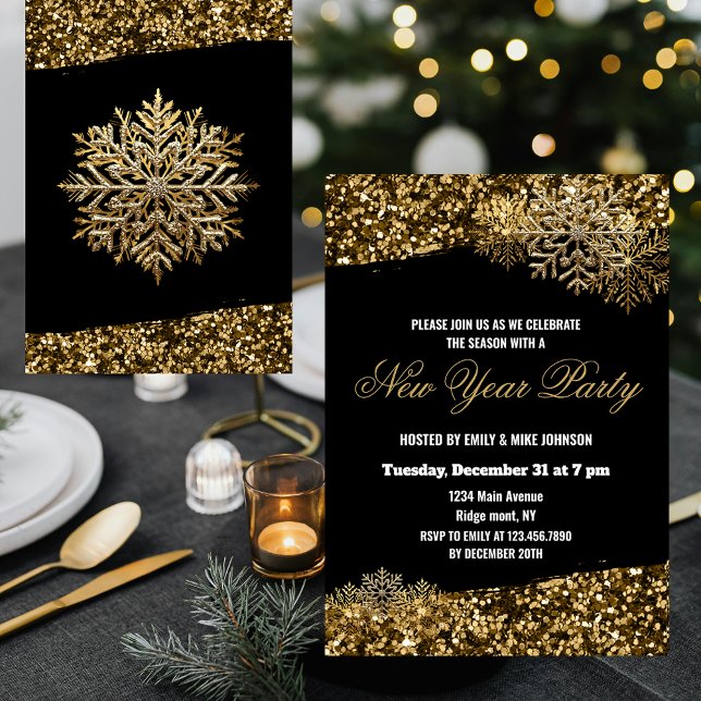 Elegant Gold Confetti Snowflakes New Year Party Invitation (Creator Uploaded)
