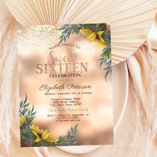 Elegant Gold Confetti,Sunflowers Sweet 16 Invitation