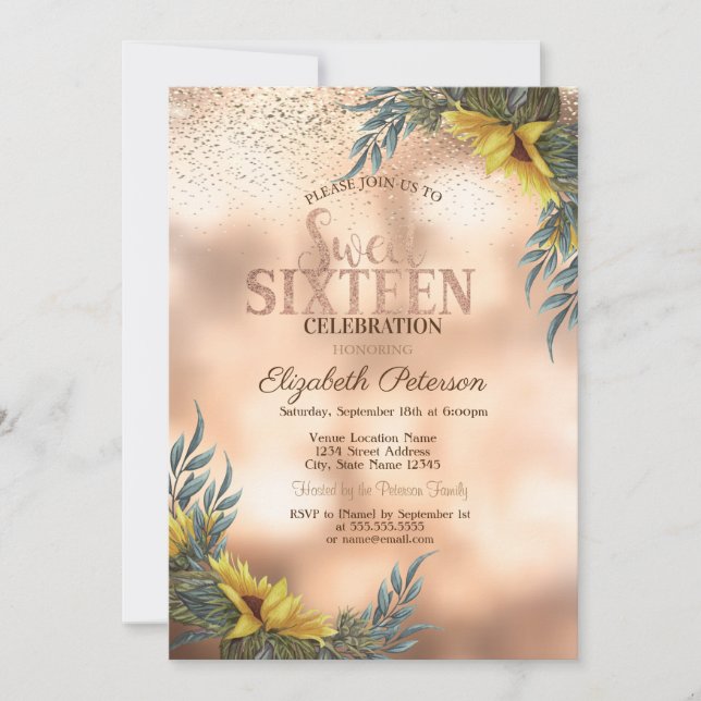 Elegant Gold Confetti,Sunflowers Sweet 16 Invitation (Front)