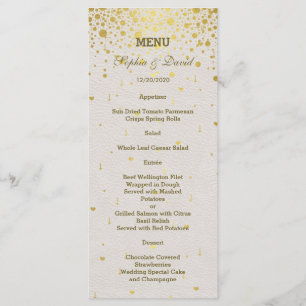 Elegant Gold Confetti White Leather Wedding Menu
