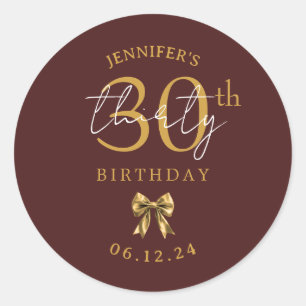 Elegant Gold Coquette Bow 30th Birthday Burgundy Classic Round Sticker