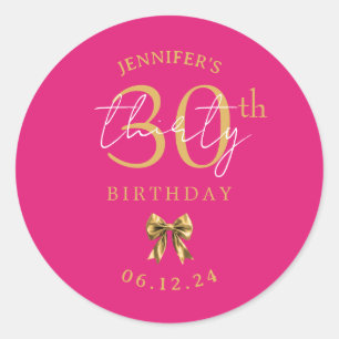 Elegant Gold Coquette Bow 30th Birthday Hot Pink Classic Round Sticker