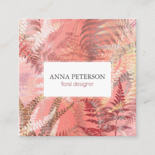 Elegant Gold Coral Pink Fern Leaves Square Business Card