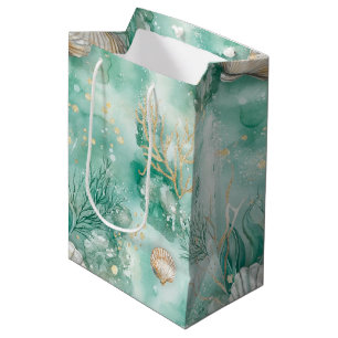 Elegant Gold Coral & Seashell Watercolor Art Medium Gift Bag