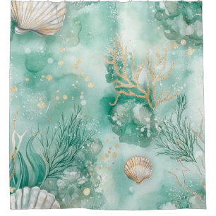Elegant Gold Coral & Seashell Watercolor Art Shower Curtain