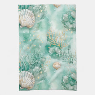 Elegant Gold Coral & Seashell Watercolor Art Tea Towel