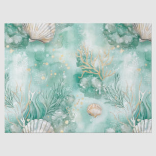 Elegant Gold Coral & Seashell Watercolor Art Tissue Paper