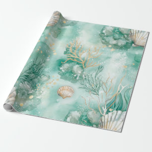 Elegant Gold Coral & Seashell Watercolor Art Wrapping Paper