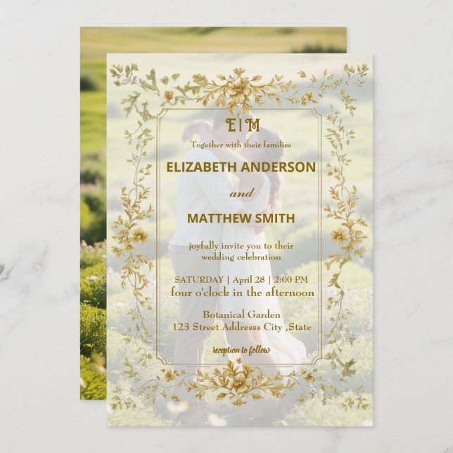 Elegant gold couples portrait rustic photo wedding invitation (Front/Back)
