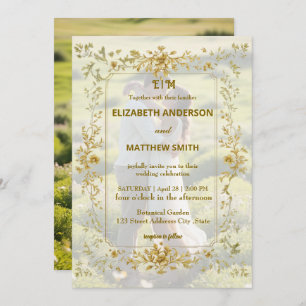 Elegant gold couples portrait rustic photo wedding invitation