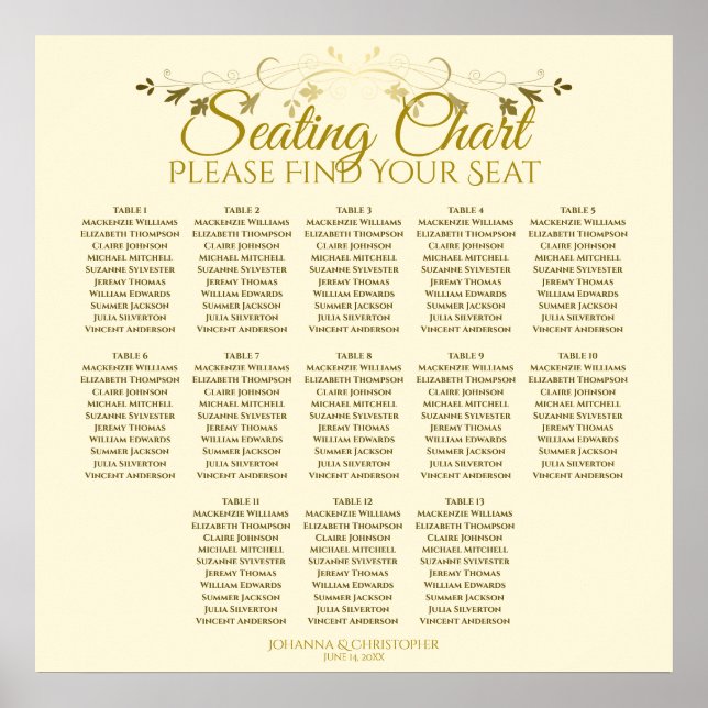 Elegant Gold Cream 13 Table Wedding Seating Chart (Front)