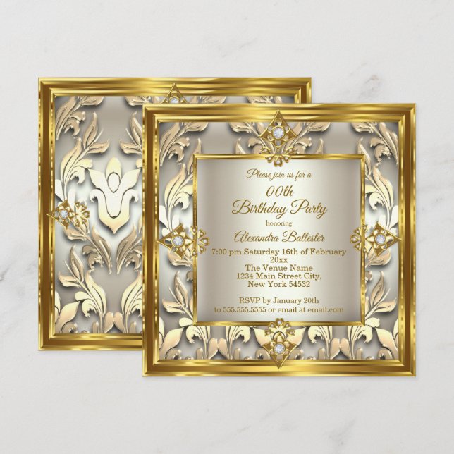 Elegant Gold Cream beige Damask Birthday Party Invitation (Front/Back)