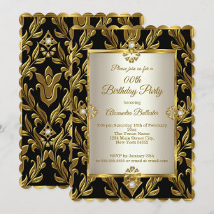 Elegant Gold Cream Damask Black Birthday Party Invitation