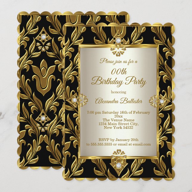 Elegant Gold Cream Damask Black Birthday Party Invitation (Front/Back)
