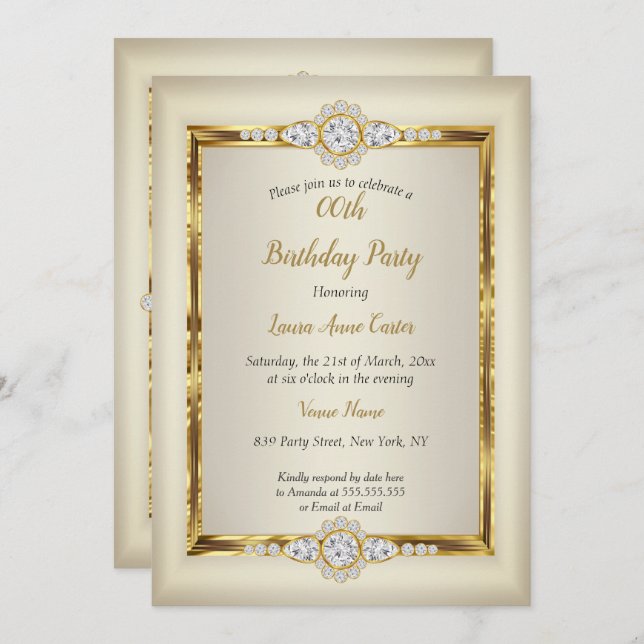 Elegant Gold Cream Diamond Birthday Party Invitation (Front/Back)