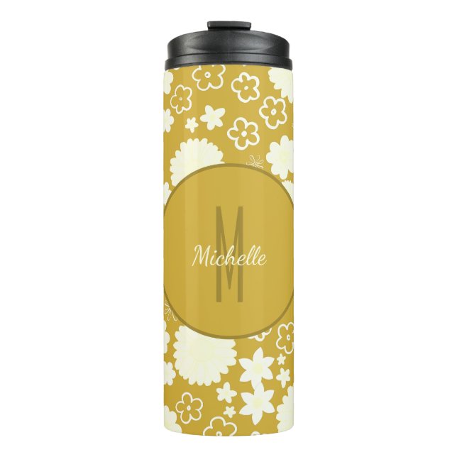ELEGANT GOLD CREAM FLOWER MONOGRAM GOLDEN FLORAL THERMAL TUMBLER (Front)