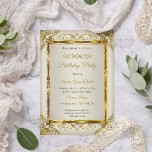 Elegant Gold Cream Pearl Damask Birthday Party Invitation