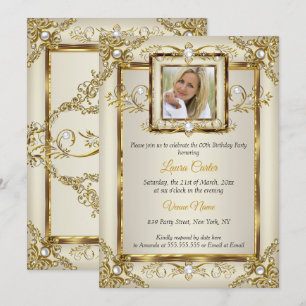 Elegant Gold Cream Pearl Damask Photo Birthday Invitation