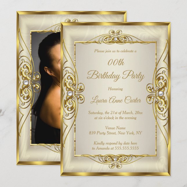 Elegant Gold Cream Pearl Photo Birthday Party Invitation (Front/Back)