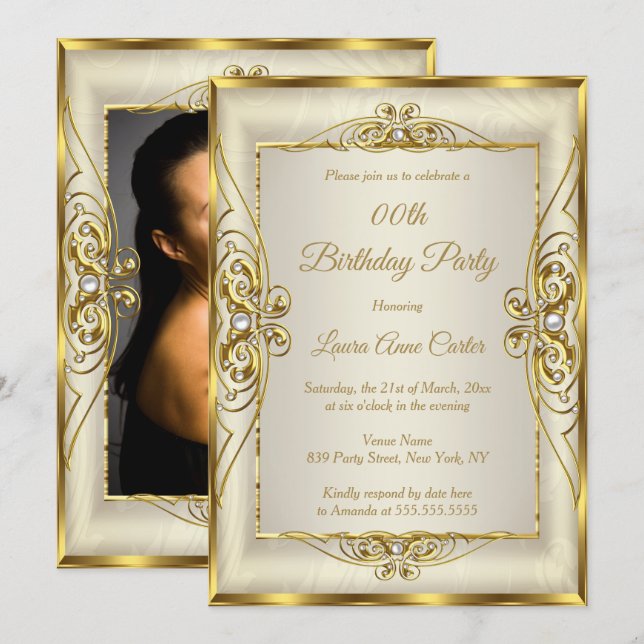 Elegant Gold Cream Pearl Photo Birthday Party Invitation (Front/Back)