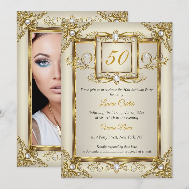 Elegant Gold Cream Pearl Photo Birthday party Invitation (Front/Back)