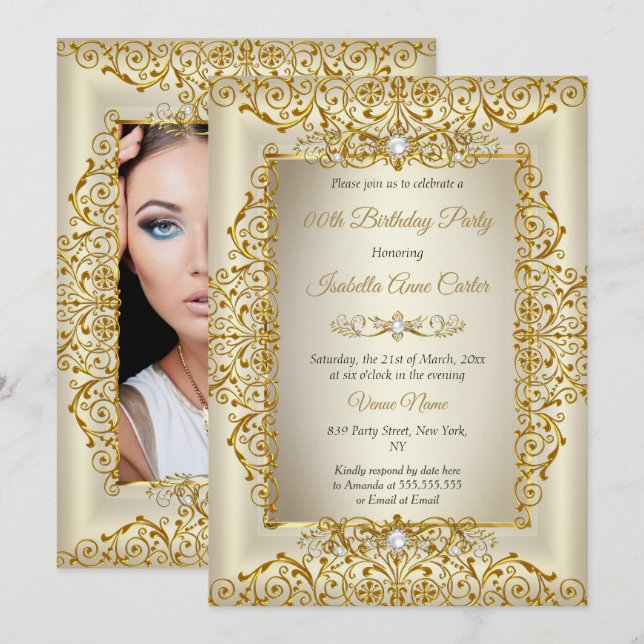 Elegant Gold Cream Pearl Photo Birthday Party Invitation (Front/Back)