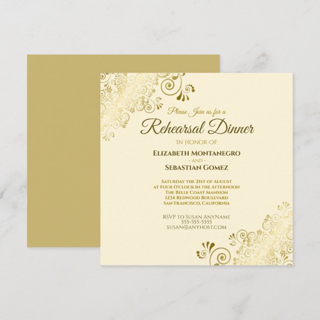 Elegant Gold Cream Wedding Rehearsal Dinner Square Invitation (Front/Back)