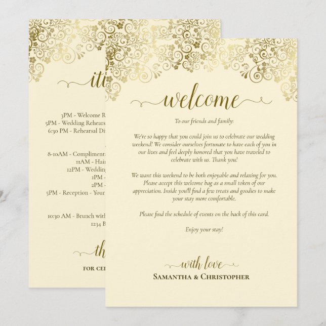 Elegant Gold & Cream Wedding Welcome & Itinerary Programme (Front/Back)