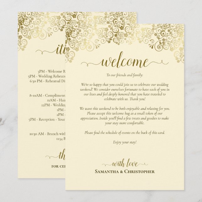 Elegant Gold & Cream Wedding Welcome & Itinerary Programme (Front/Back)