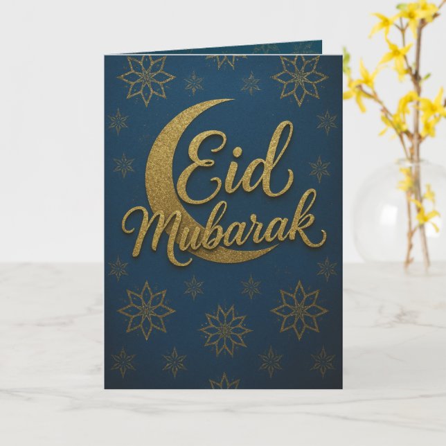 Elegant Gold Crescent Moon Eid Mubarak Greeting Card (Yellow Flower)