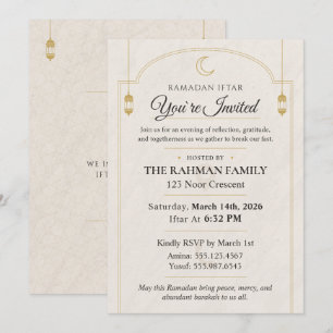 Elegant Gold Crescent Moon & Lantern Ramadan Iftar Invitation