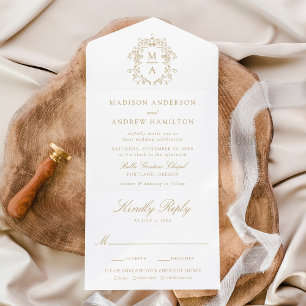 Elegant Gold Crest Chinoiserie Monogram Wedding All In One Invitation