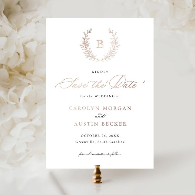 Elegant Gold Crest Leaf Monogram Save the Date (Creator Uploaded)