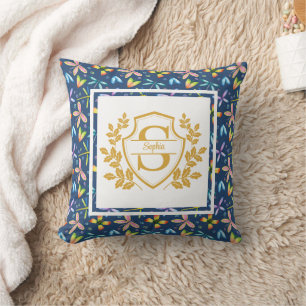 Elegant Gold Crest Monogram Navy Floral Watercolor Cushion