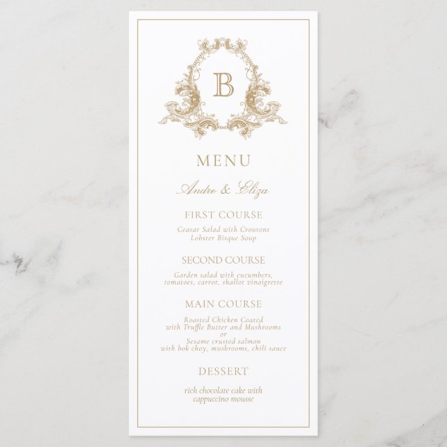Elegant Gold Crest Monogram Wedding Menu (Front)