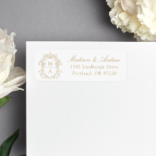 Elegant Gold Crest Monogram Wedding Return Address