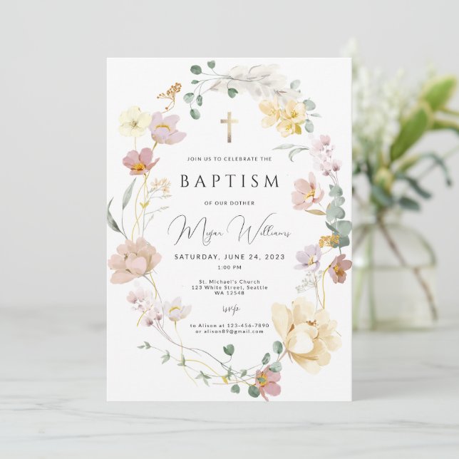 Elegant Gold Cross and blush flowers girl Baptism Invitation (Standing Front)