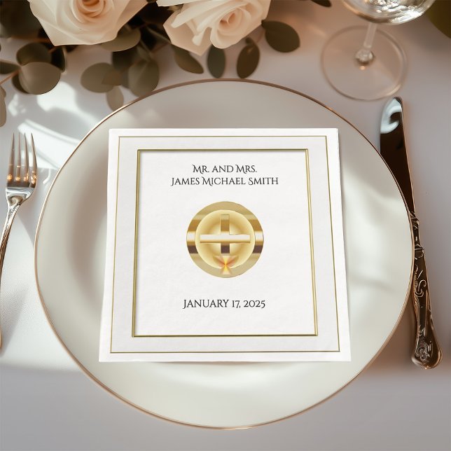 Elegant Gold Cross and Chalice Catholic Wedding Napkin (Creator Uploaded)