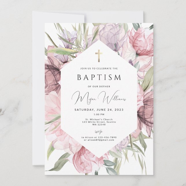 Elegant Gold Cross and peals girl Baptism Invitati Invitation (Front)