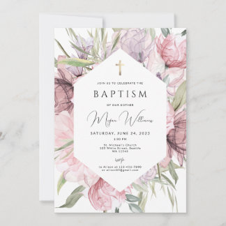 Elegant Gold Cross and peals girl Baptism Invitati Invitation