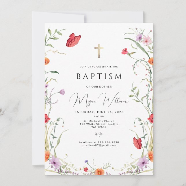 Elegant Gold Cross and peals girl Baptism Invitati Invitation (Front)