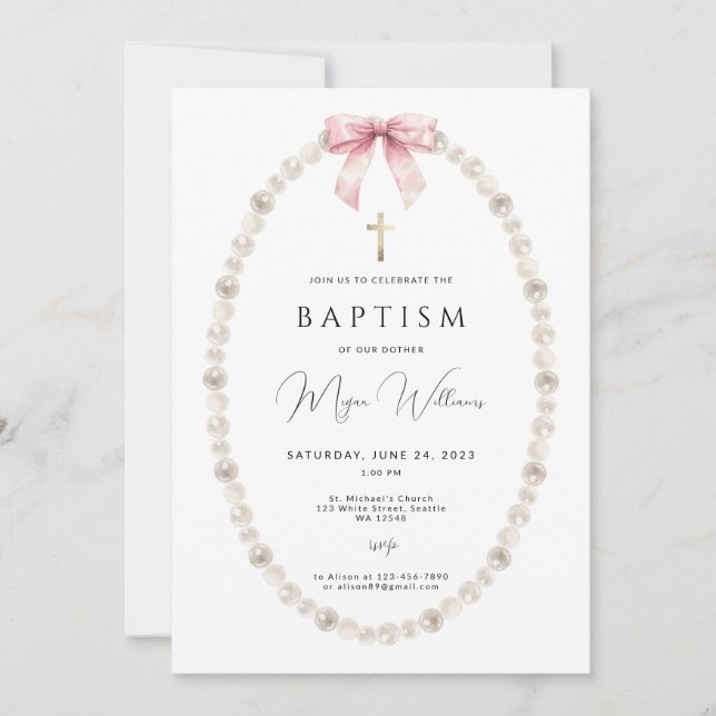 Elegant Gold Cross and peals girl Baptism Invitation (Front)