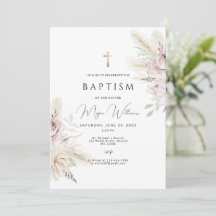 Elegant Gold Cross and pink flowers boho Baptism Invitation