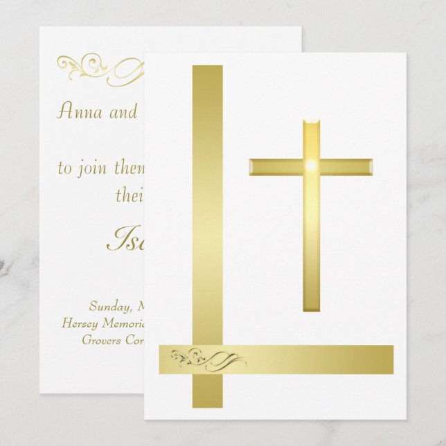 Elegant Gold Cross Baptism Christening Invitation (Front/Back)