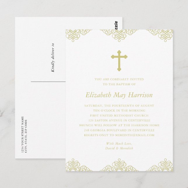 Elegant Gold Cross Baptism/Christening Invitation Postcard (Front/Back)